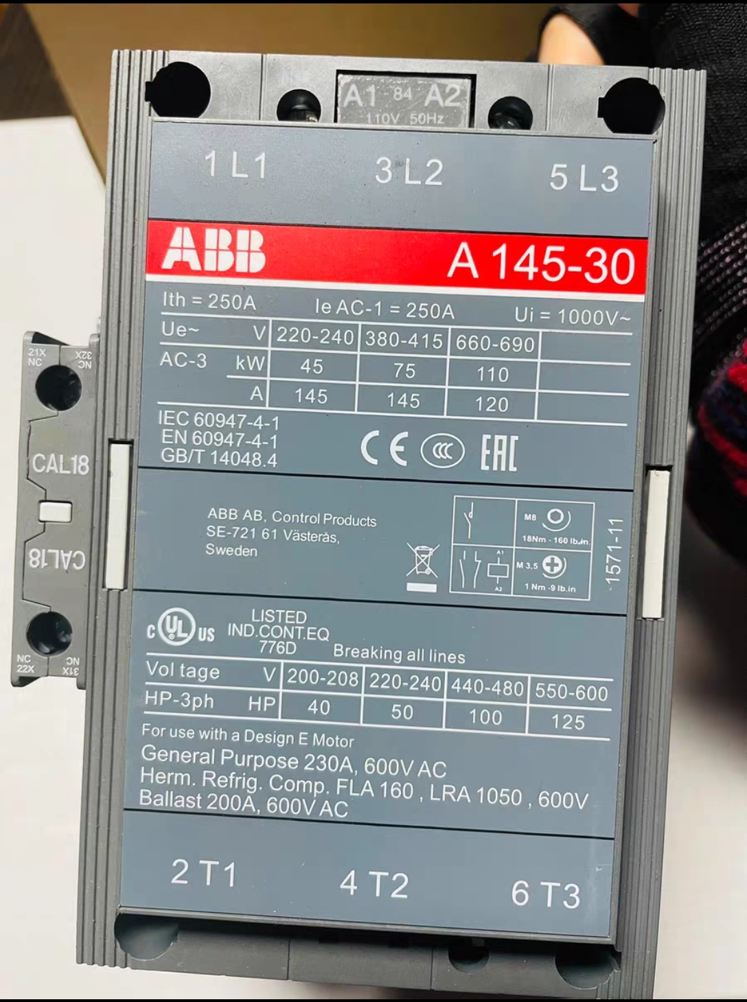 ABB 1SFL471001R8411 Original AC Contactor A145-30-11-84 Coil Voltage AC110V 220-230V 50Hz / 60Hz Contactor
